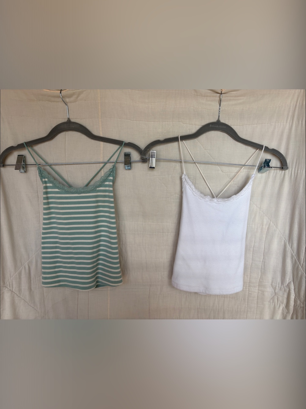 American Eagle Outfitters Green & White Striped and White Lace-Trim Cami
